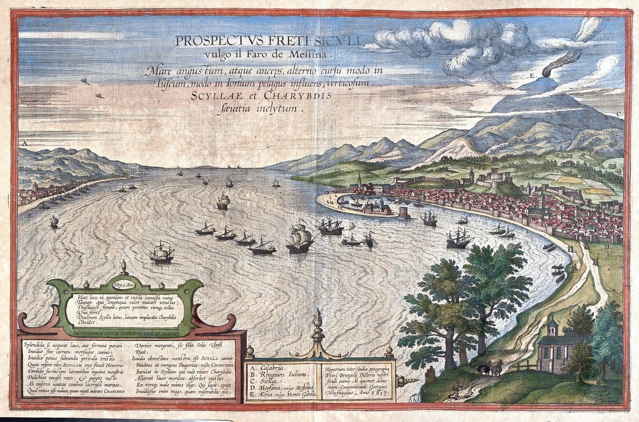 Le détroit de Messine, entre la Sicile et la Calabre (Italie) (gravure) - Georg Braun and Hogenberg Franz