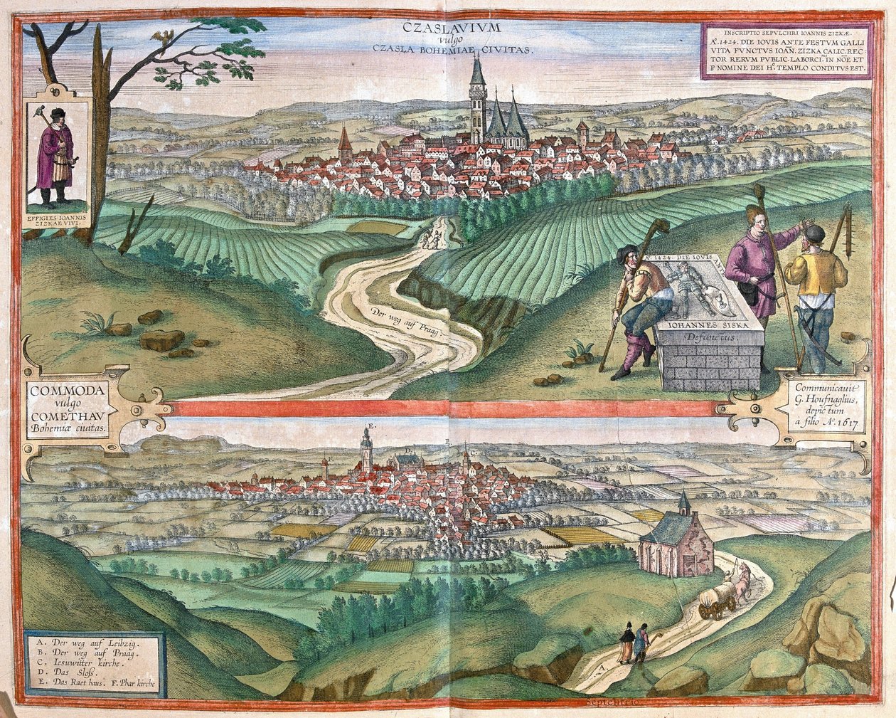Caslav (Bohême) et Chomutov, République tchèque (gravure) - Georg Braun and Hogenberg Franz
