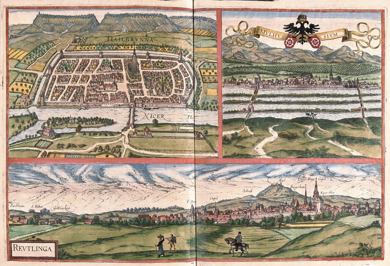 Heilbronn (Allemagne), Mulhouse (France) et Reutlingen (Allemagne) (gravure) - Georg Braun and Hogenberg Franz