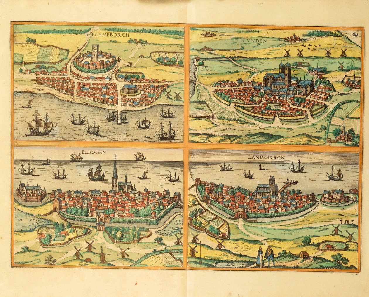 Helsingborg, Lund, Malmö, Elbogen et Landskrona, de Civitates Orbis Terrarum, Cologne - Georg Braun and Hogenberg Franz