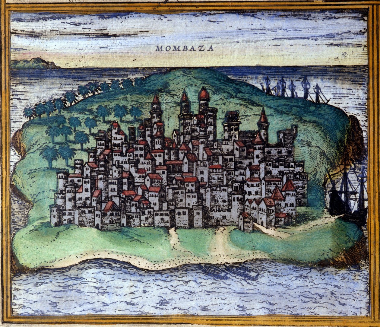 Vue de Mombasa, Kenya au 16ème siècle - Georg Braun and Hogenberg Franz