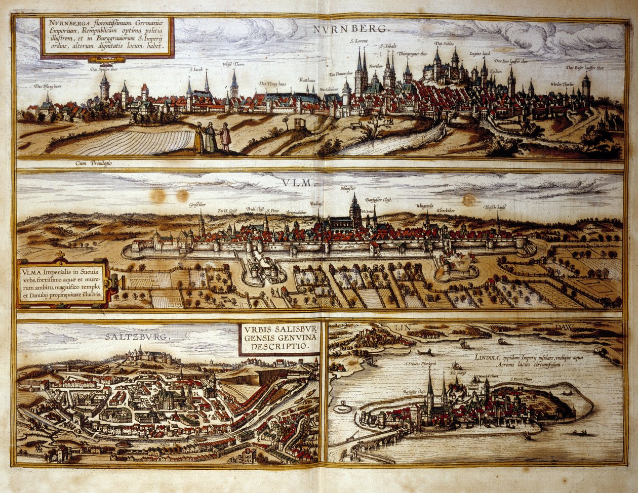 Vue des villes allemandes de Nuremberg et Ulm, Salzbourg, Autriche. Gravure de l