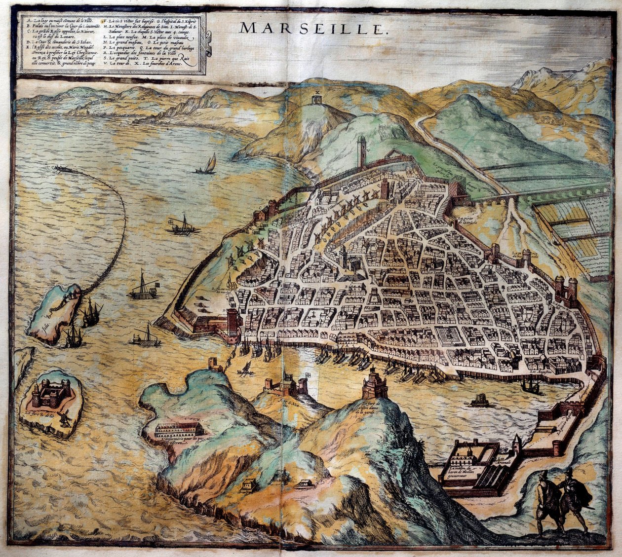 Vue de la ville de Marseille avec plan de rue - Georg Braun and Hogenberg Franz