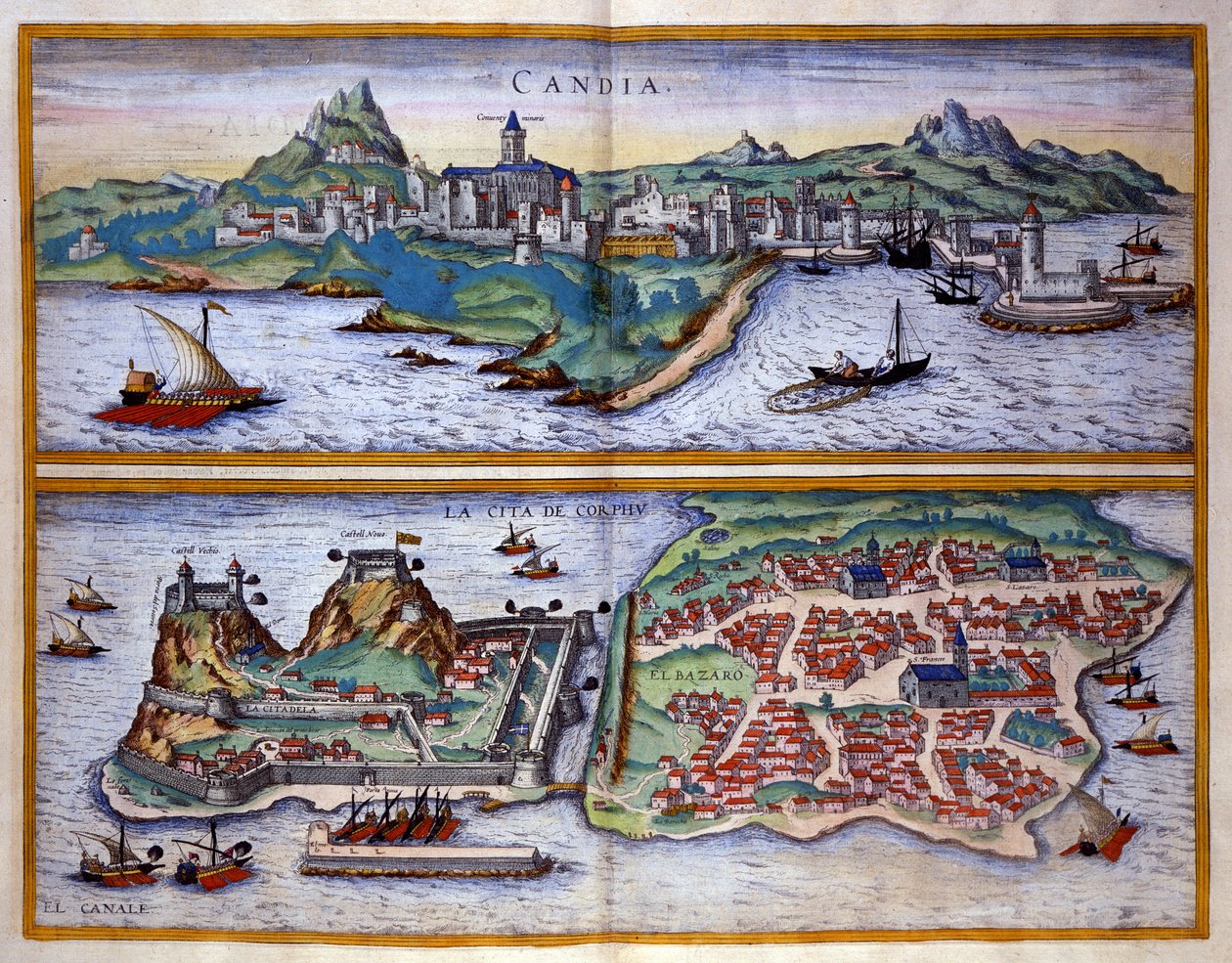 Vue du port de Candie en Crète et du port de Corfou en Grèce - Georg Braun and Hogenberg Franz