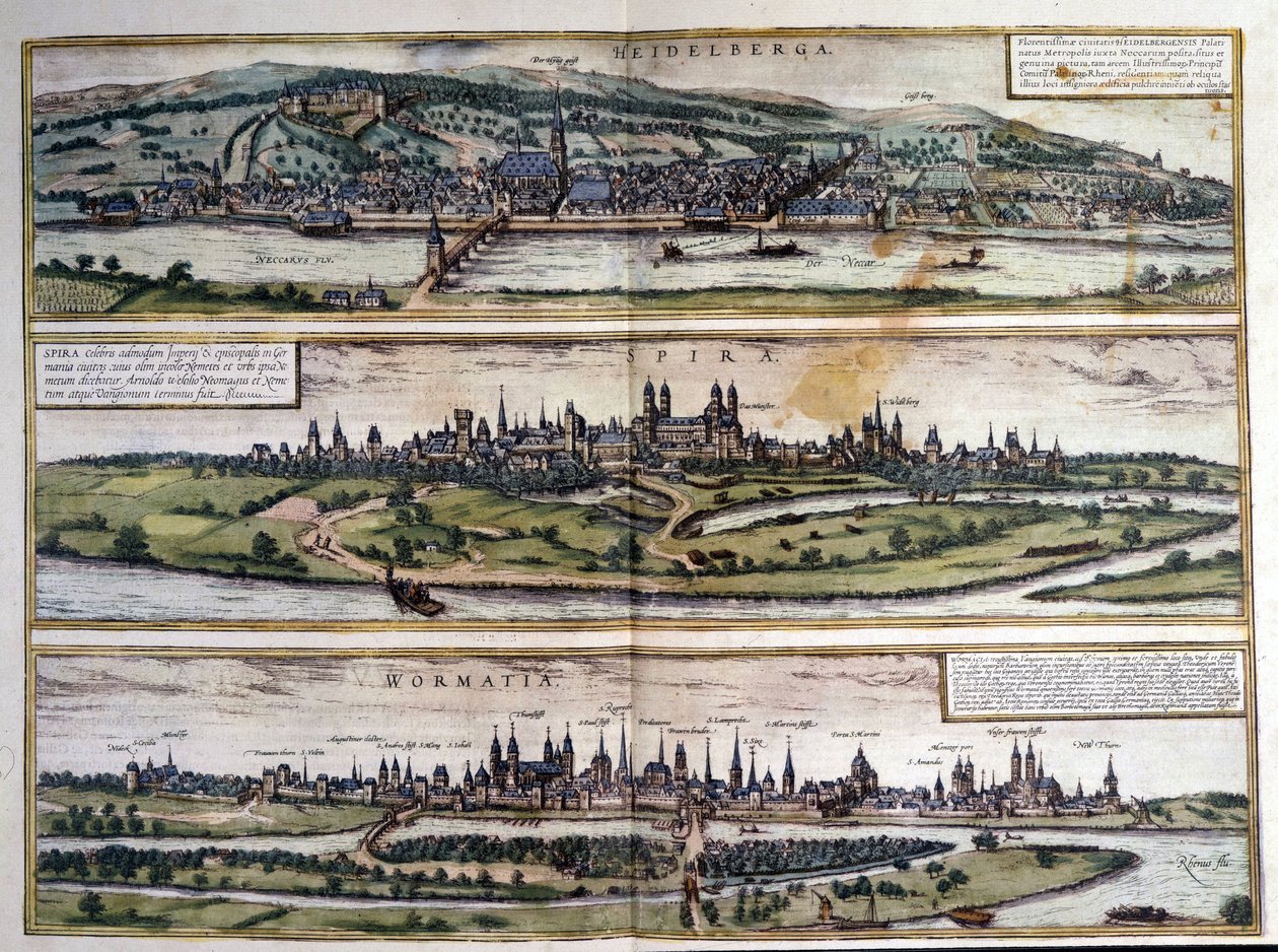 Vues de trois villes en Allemagne : Heidelberg, Spire, Worms. Atlas de Braun et Hogenberg. 1550. - Georg Braun and Hogenberg Franz