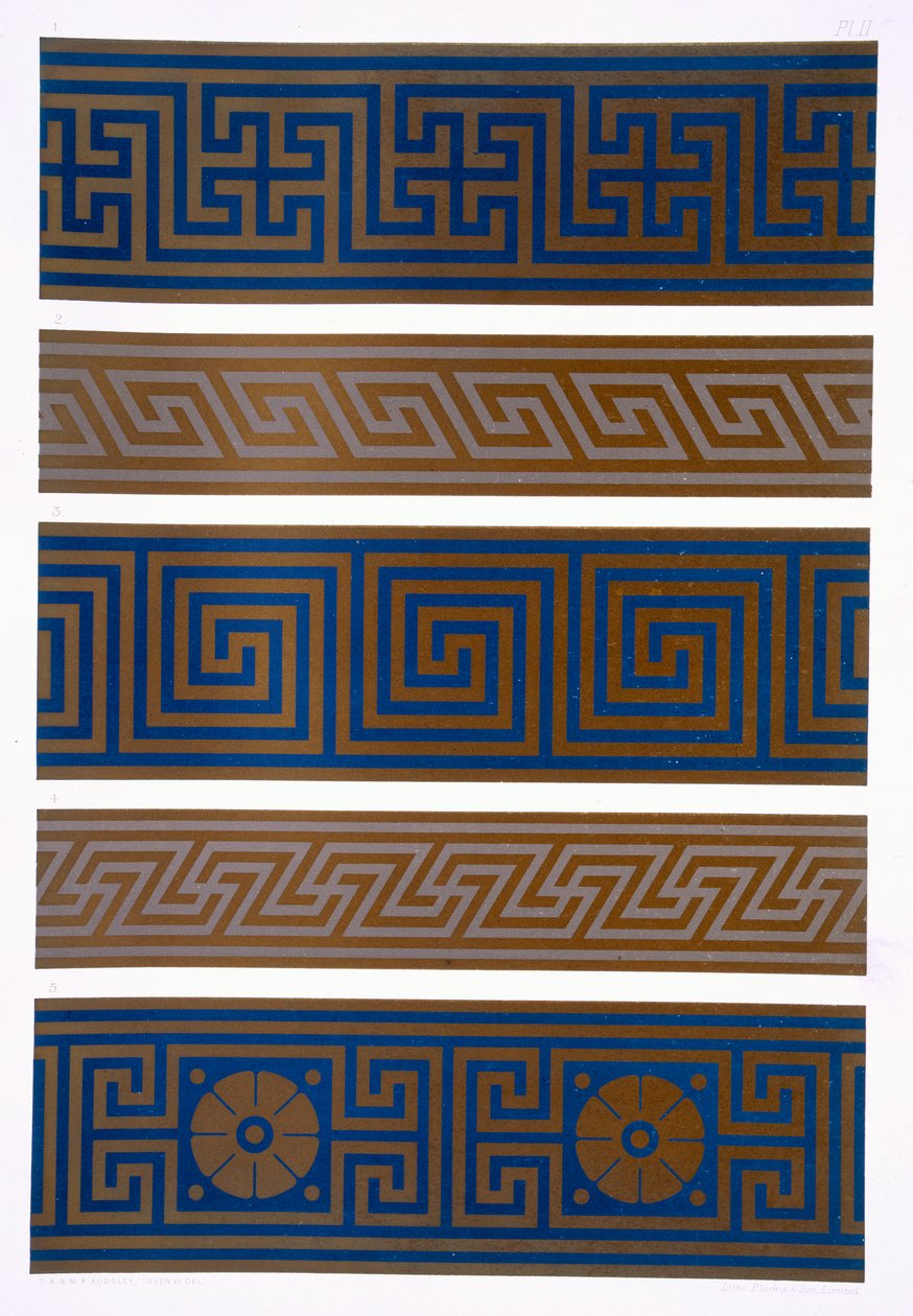 Ornement grec : Bandes ou bordures en couleurs sombres sur claires et claires sur sombres, planche II de 