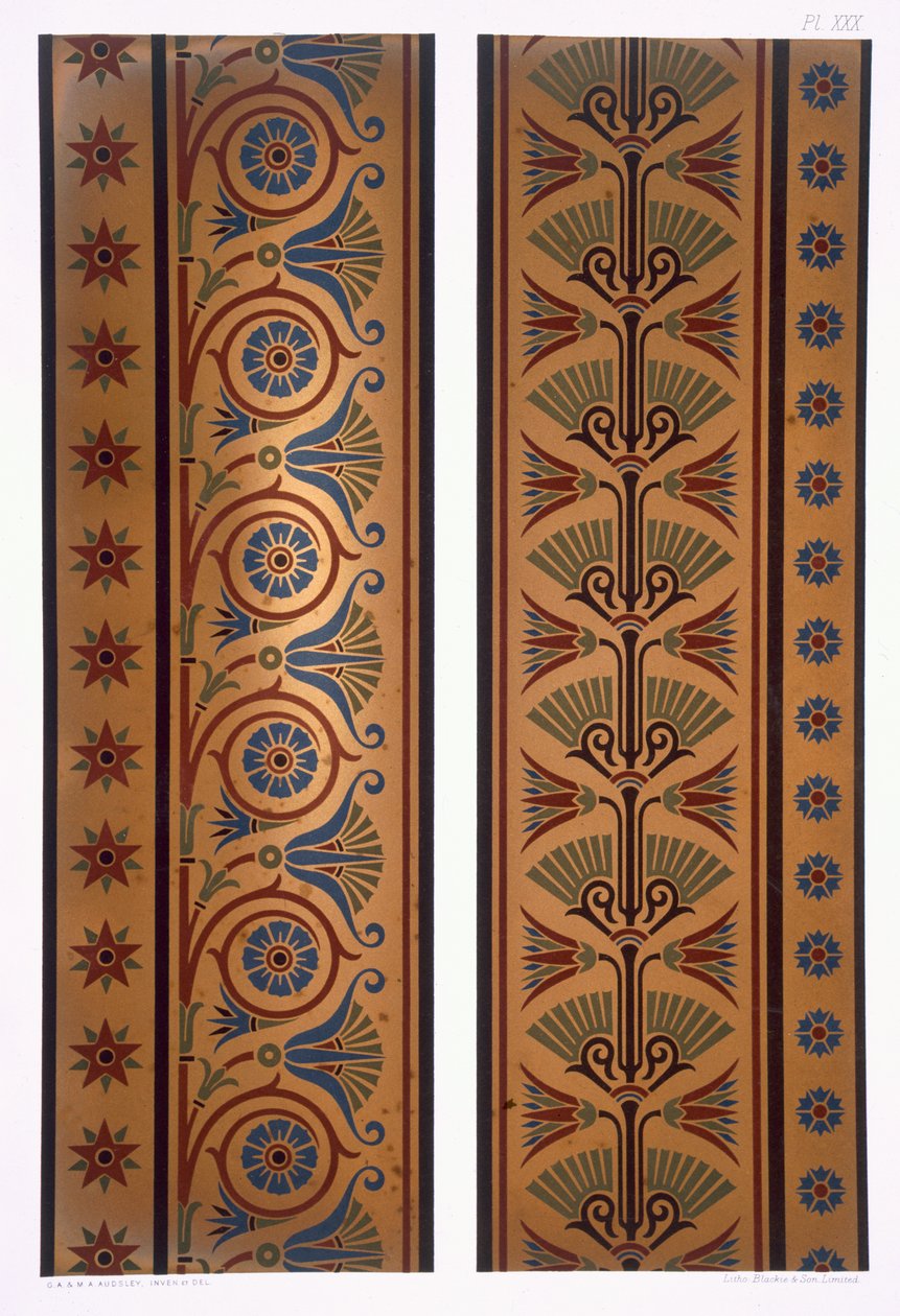 Bandes ou bordures verticales en couleurs sombres sur fond doré, planche XXX de 