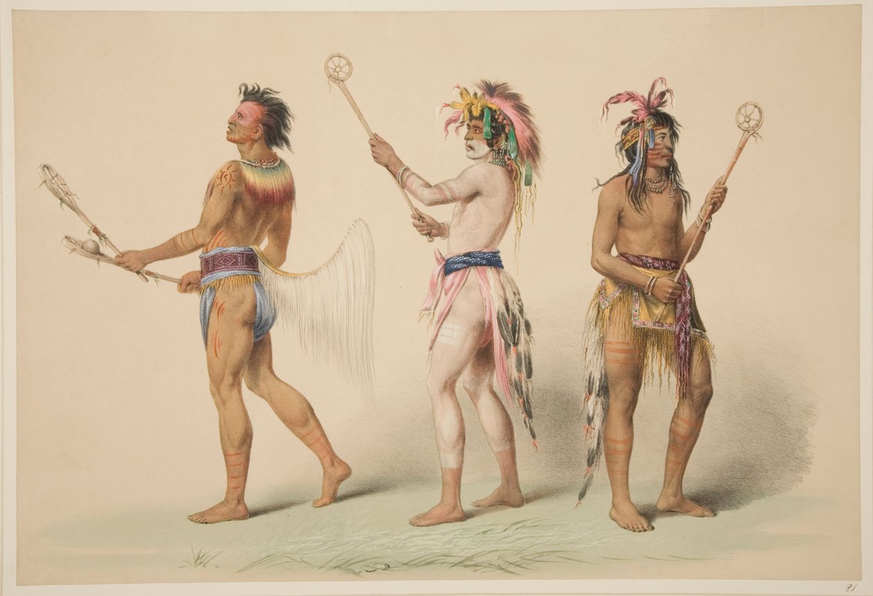 Illustration de joueurs de lacrosse, tirée de Illustrations des mœurs, coutumes et conditions des Indiens d