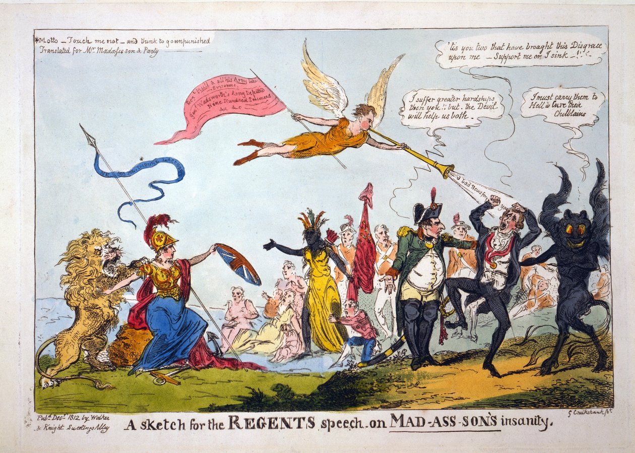 Esquisse pour le discours du régent sur la folie de Mad-Ass-Son, pub. 1812 - George Cruikshank