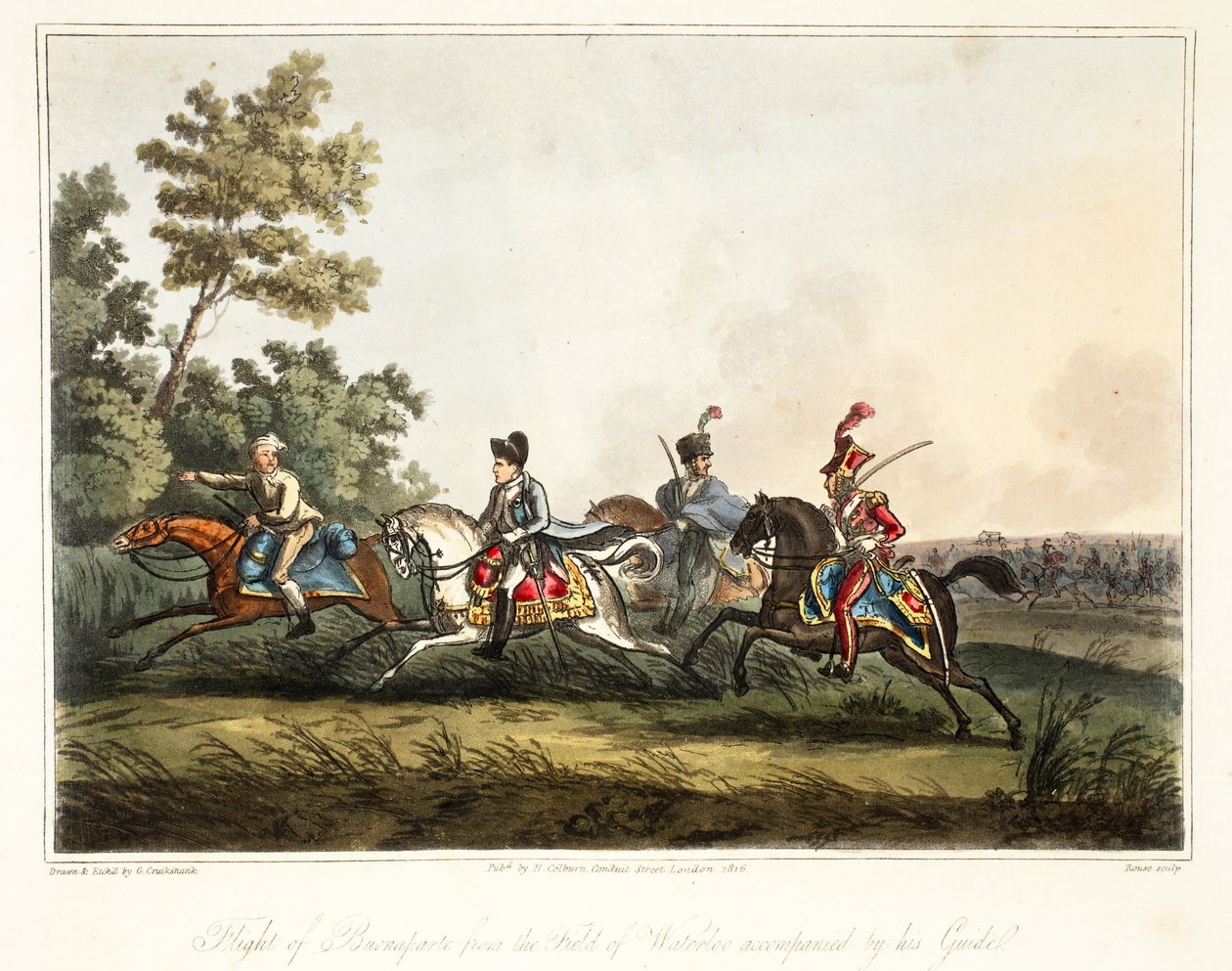 Fuite de Buonaparte du champ de Waterloo accompagné de son guide, gravé par Rouse, publié par H. Colburn, 1816 - George Cruikshank