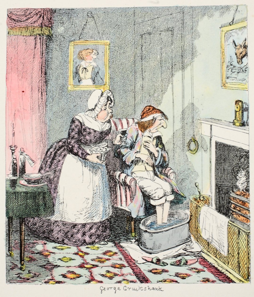 M. Lambkin doit être soigné et suivre un traitement régulier, prenant de nombreuses pilules amères et nécessitant tous les pouvoirs persuasifs doux de Mme Slope pour prendre ses doses régulières de ce horri - George Cruikshank