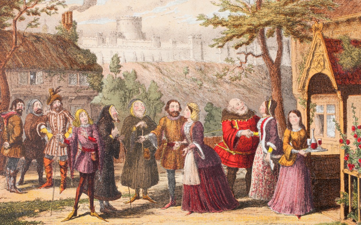 Sir John Falstaff en visite chez son ami Page à Windsor, illustration de Les Joyeuses Commères de Windsor, de 