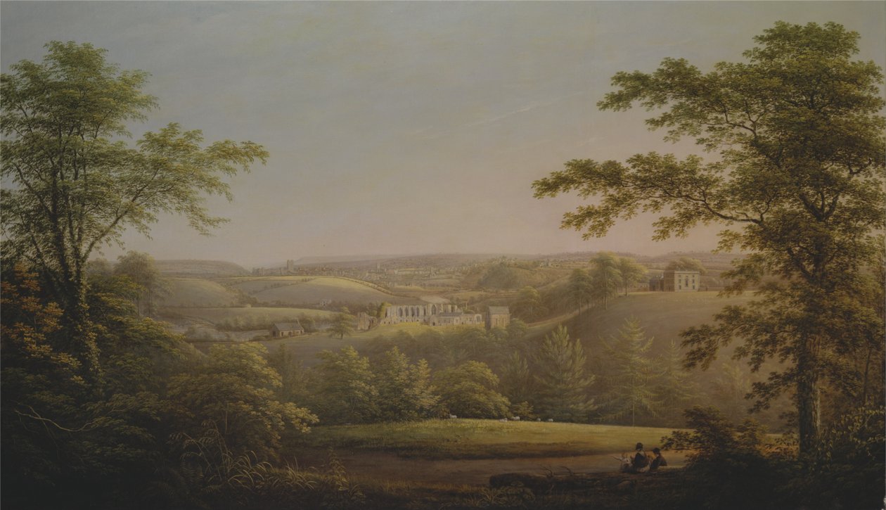 Easby Hall et Easby Abbey avec Richmond, Yorkshire en arrière-plan - George Cuitt