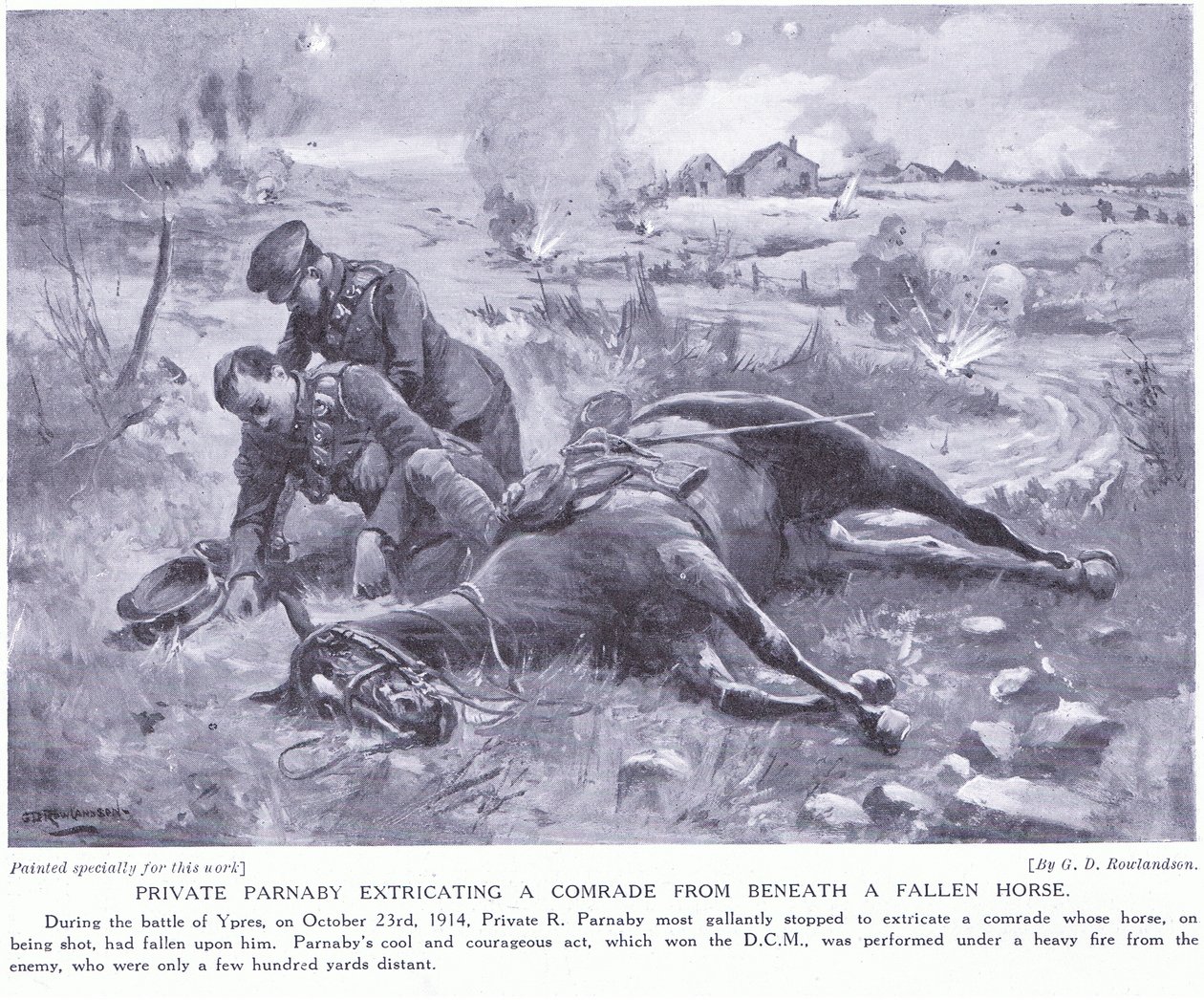 Le soldat Parnaby récompensé par la DCM pour avoir extrait un camarade de sous un cheval tombé sous un feu intense en octobre 1914 - George Derville Rowlandson
