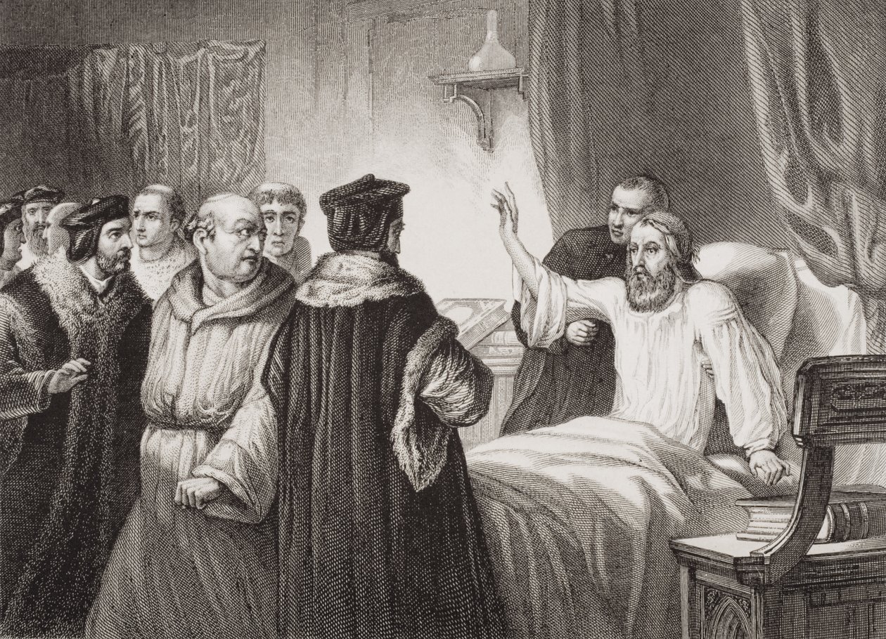 John Wycliffe (c.1330-84) sur son lit de malade assailli par les frères à Oxford, 1378, de 