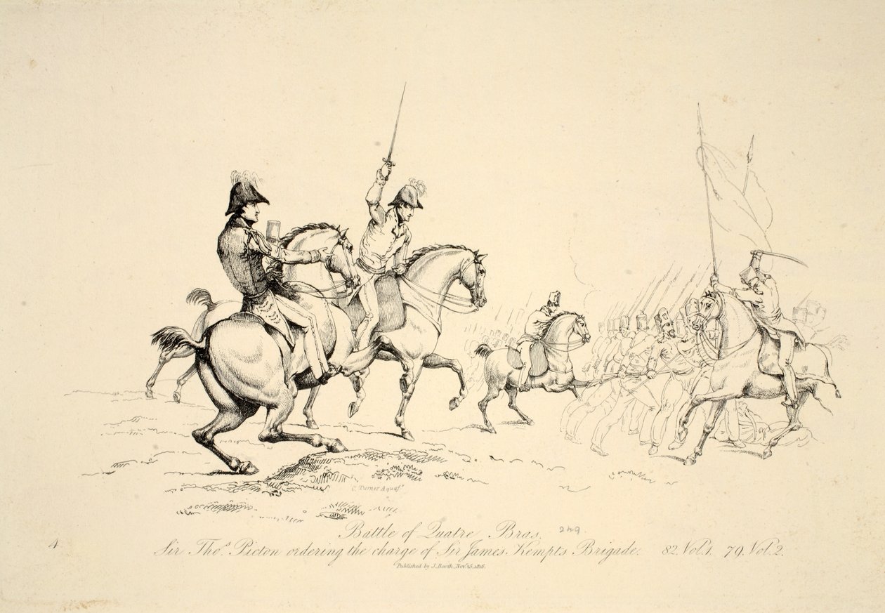 Bataille de Quatre Bras : Sir Thomas Picton ordonnant la charge de la brigade de Sir James Kempt, pub. J. Booth, 1816 - George Jones