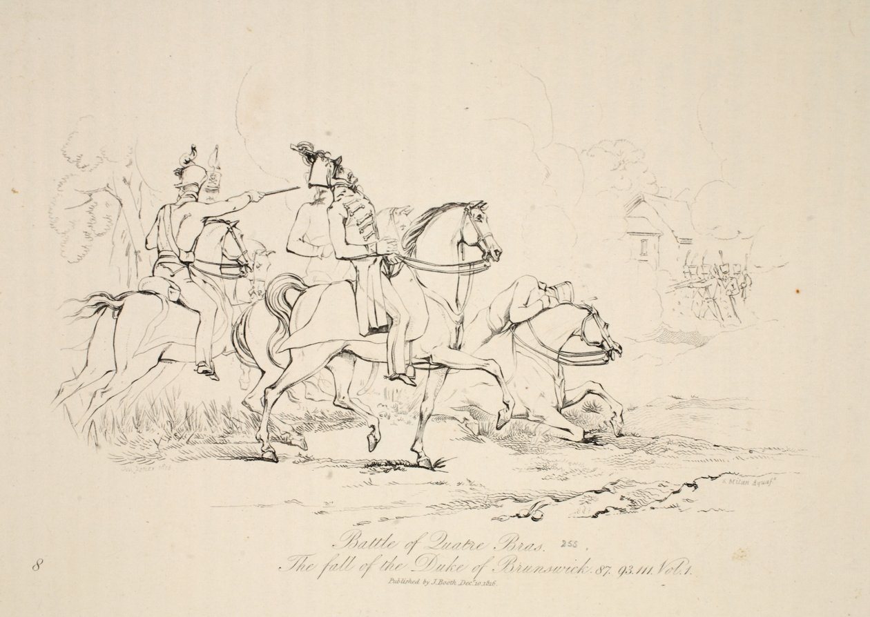 Bataille de Quatre Bras : La chute du duc de Brunswick, pub. J. Booth, 1816 - George Jones