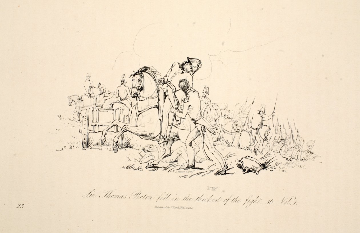 Sir Thomas Picton est tombé dans les fourrés du combat, pub. J. Booth, 1816 - George Jones