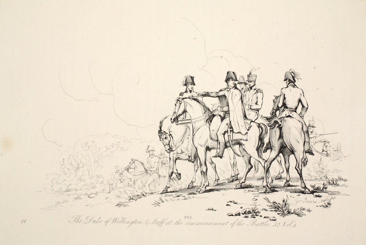 Le Duc de Wellington et son état-major au début de la bataille, pub. J. Booth, 1816 - George Jones