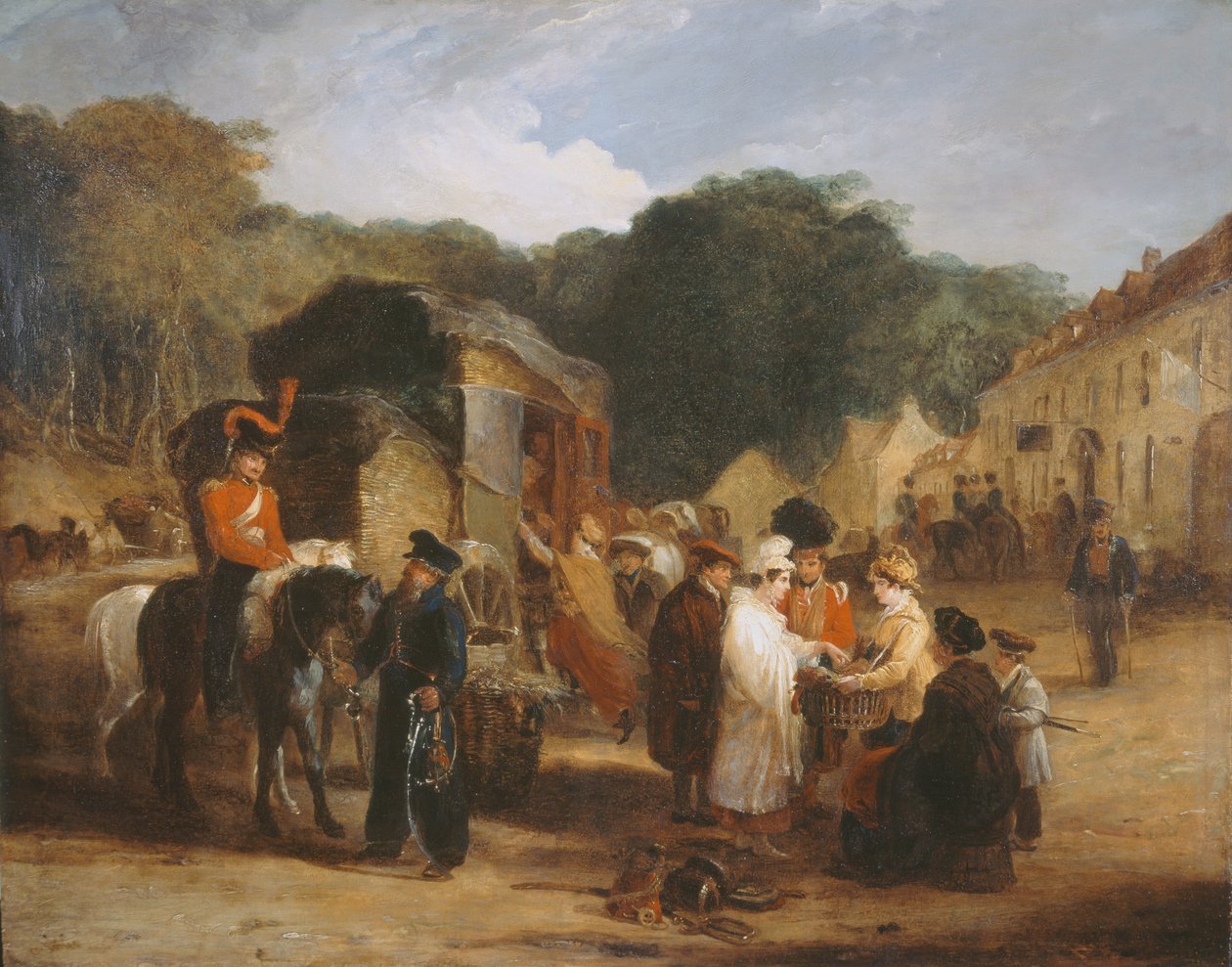 Le village de Waterloo, avec des voyageurs achetant les reliques trouvées sur le champ de bataille, 1815, vers 1821 - George Jones