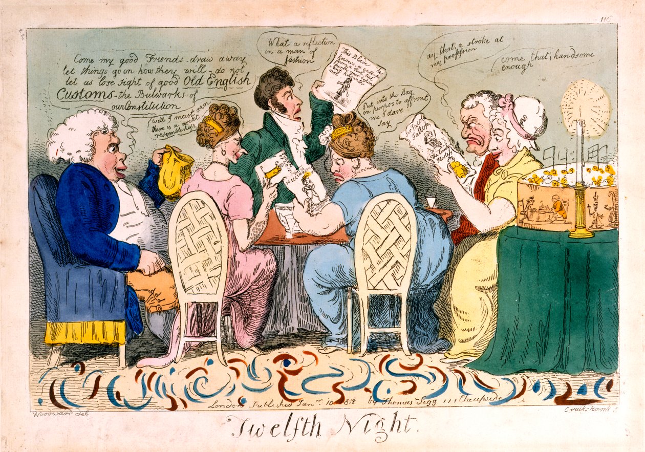 La Nuit des Rois, gravure par Isaac Cruikshank, imprimée par Thomas Tegg, 1819 - George Moutard Woodward
