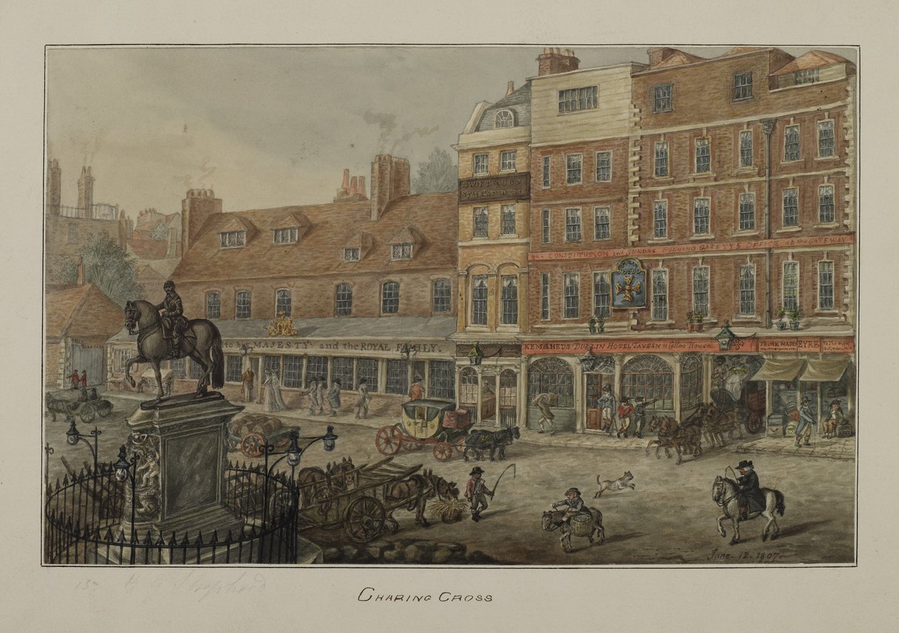 Vue de Charing Cross montrant des véhicules tirés par des chevaux, des figures et la taverne et maison de café Dublin Hotel, 1807 - George Shepherd