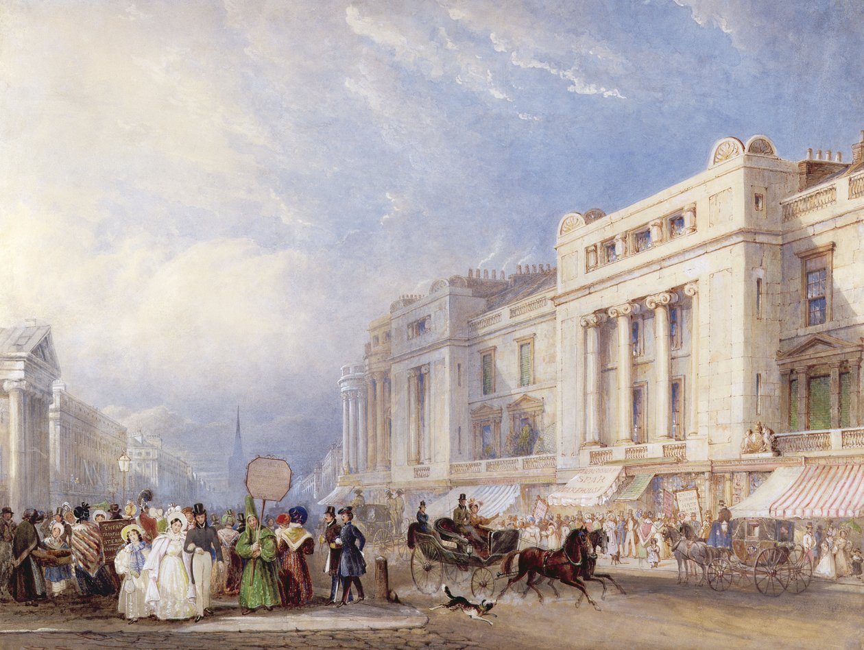Regent Street, Londres, vue vers le nord, avec Dickins et Jones à droite, et la chapelle Hanover à gauche, 1835 - George Shepherd