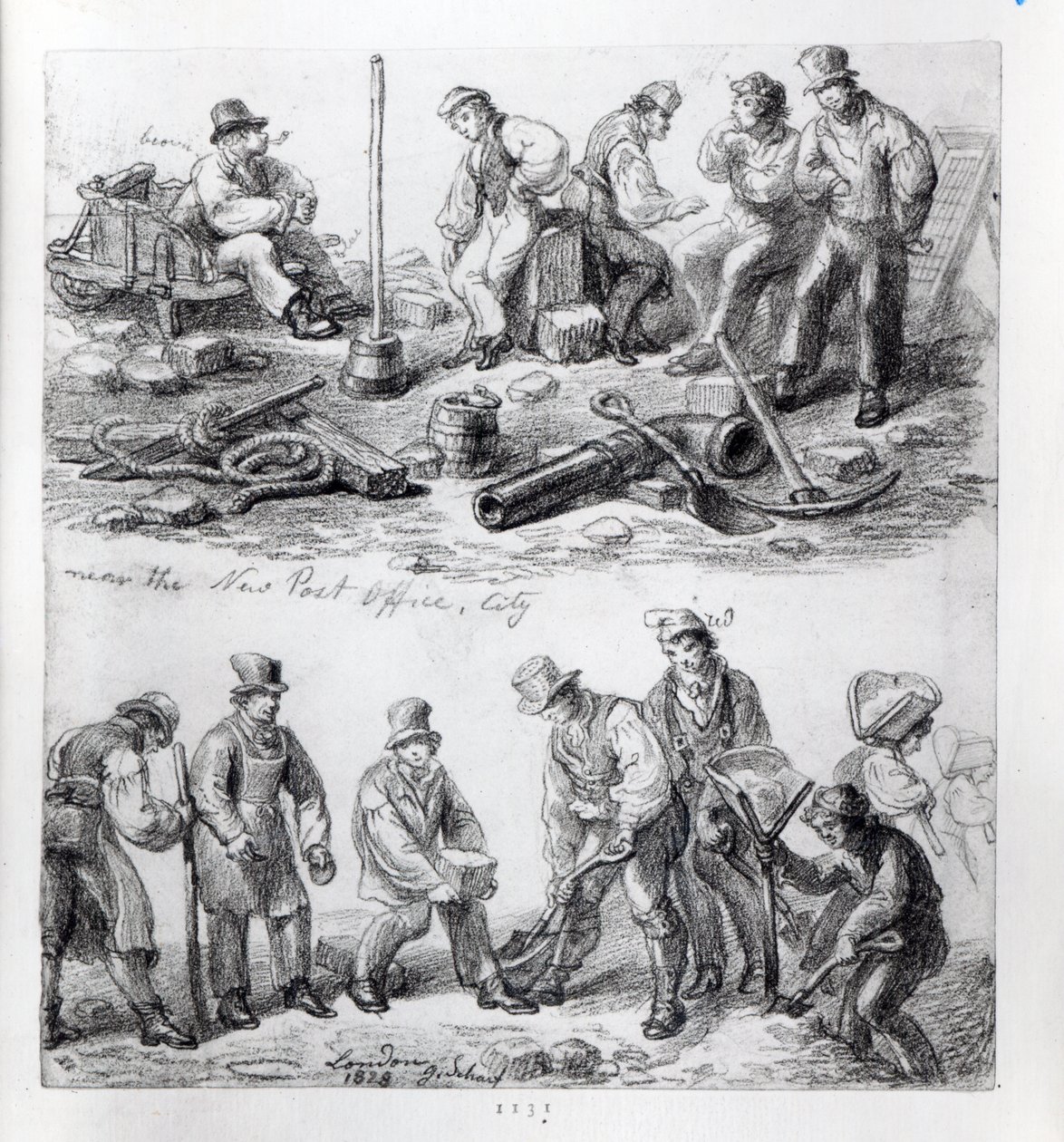 Ouvriers près du nouveau bureau de poste dans la ville, Londres, 1828 - George Snr Scharf