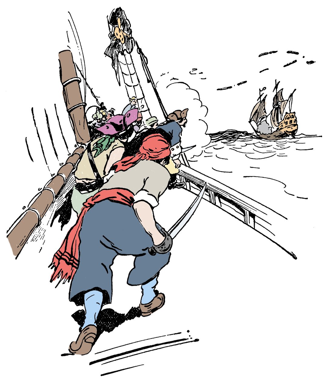 Un navire pirate poursuivant un navire Illustration de "The boy