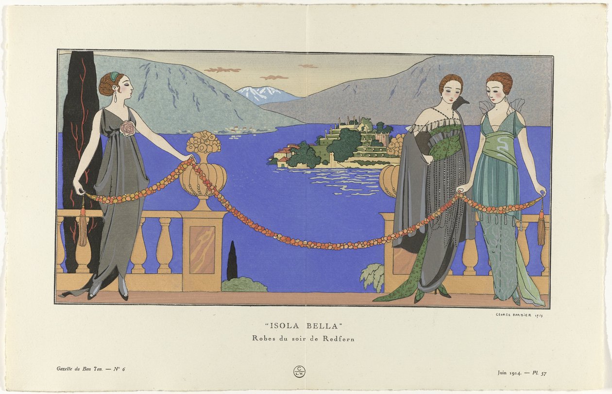 Gazette du Bon Ton, 1914 - No. 6, Pl. 57: Isola Bella / Robes du soir de Redfern - George Barbier