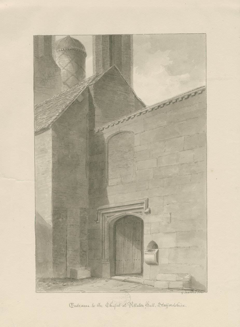 Pillaton Hall - Entrée de la chapelle: dessin sépia - George Buckler
