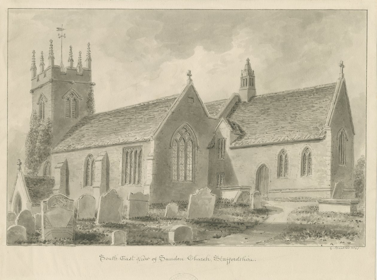 Église de Sandon : dessin sépia, 1841 - George Buckler