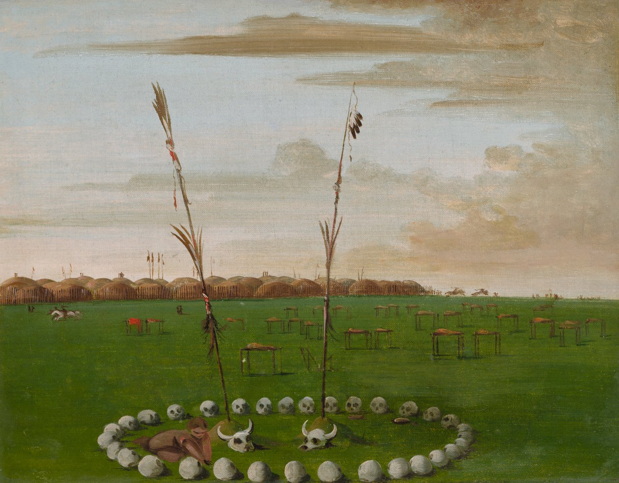 Vue arrière du village Mandan, montrant le cimetière - George Catlin
