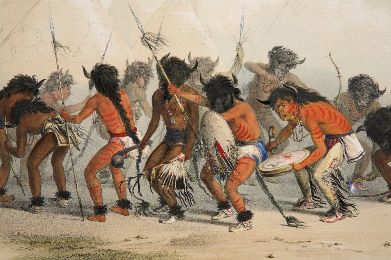 Danse du bison (détail), pub. lithographie en couleur de 1845 - George Catlin