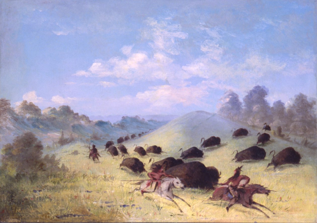 Indiens Comanches chassant le bison avec des lances et des arcs - George Catlin