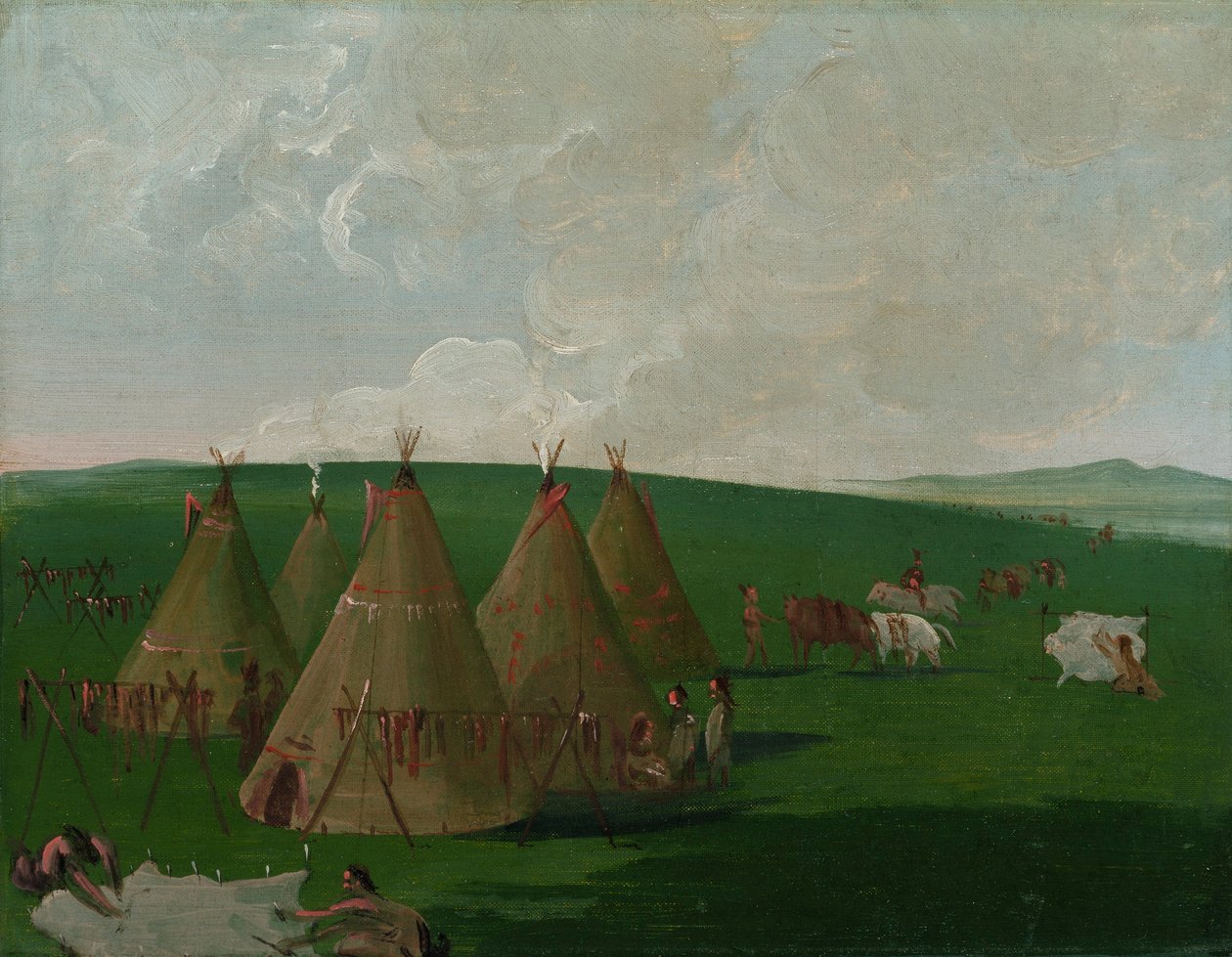 Sioux campés sur le haut Missouri, habillant la viande et les robes de bison - George Catlin