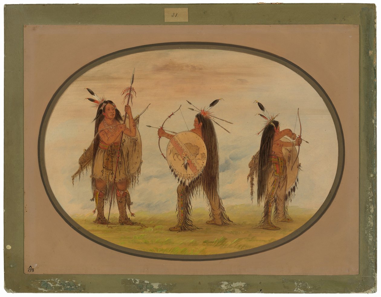 Trois guerriers Mandan armés pour la guerre - George Catlin