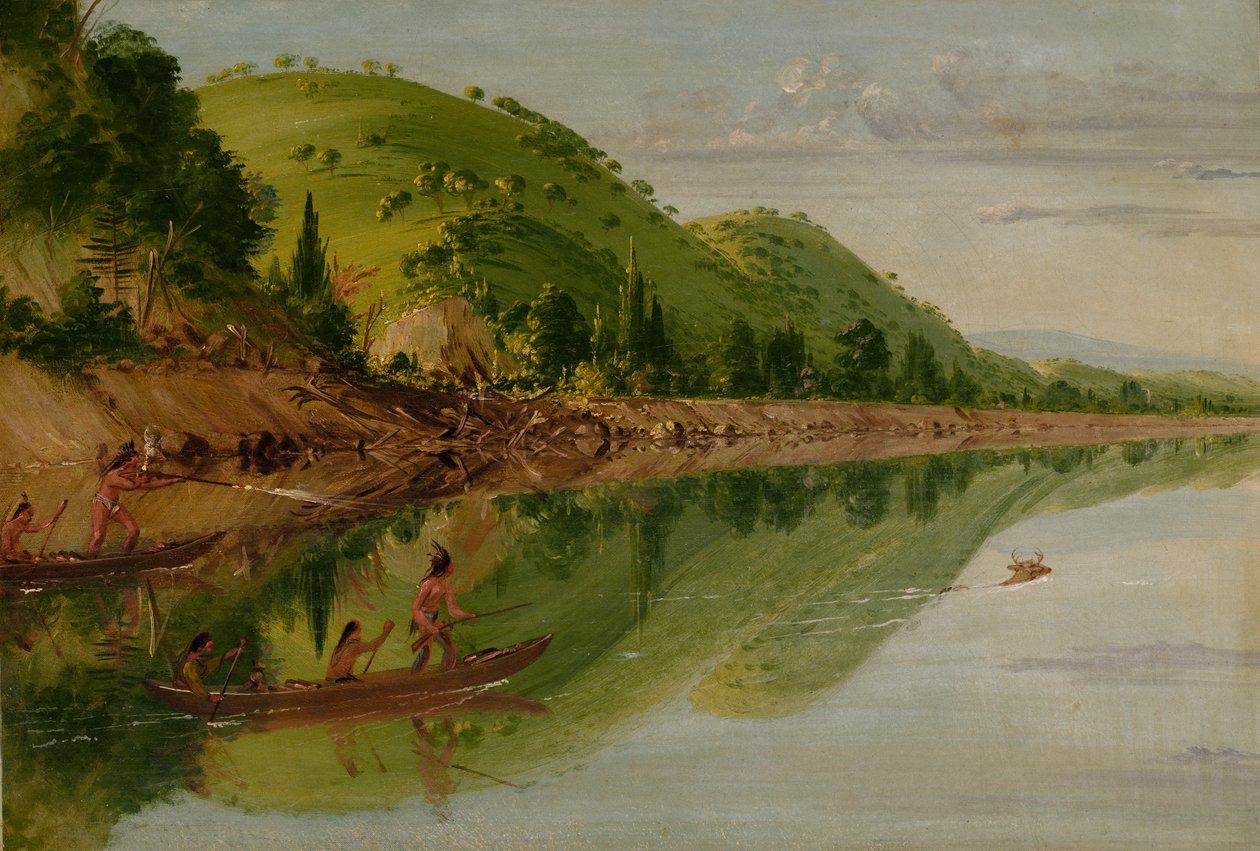Vue sur la rivière Saint-Pierre, Indiens Sioux poursuivant un cerf dans leurs canoës, 1836-1837 - George Catlin