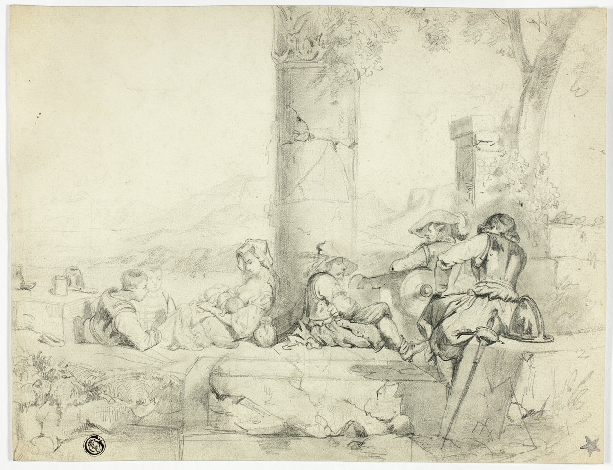 Enfants, femme avec nourrisson et trois soldats assis parmi des ruines au bord d