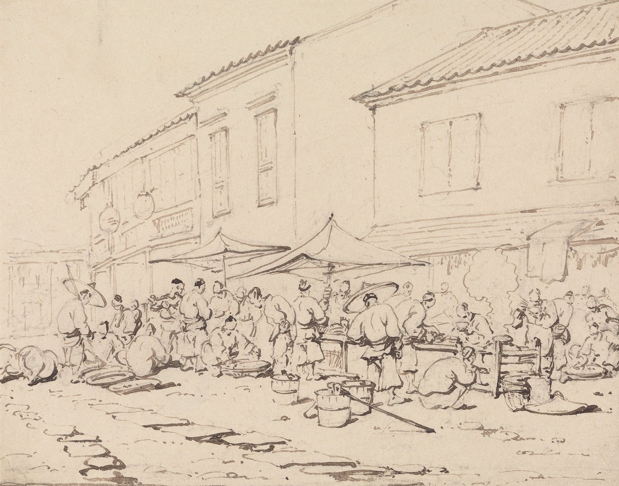 Une place de marché et une foule - George Chinnery