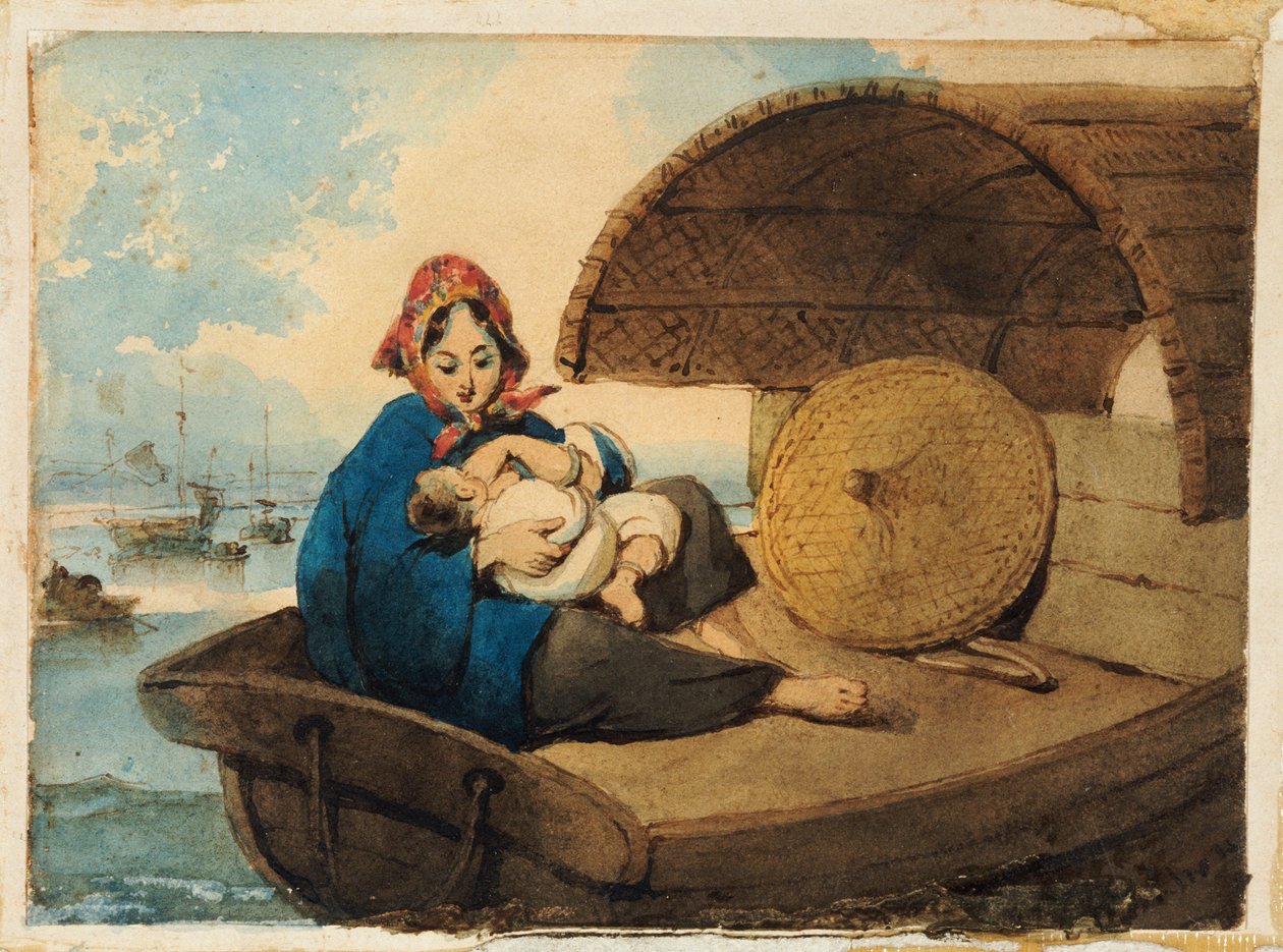 Une femme Tanka avec son enfant sur un bateau - George Chinnery