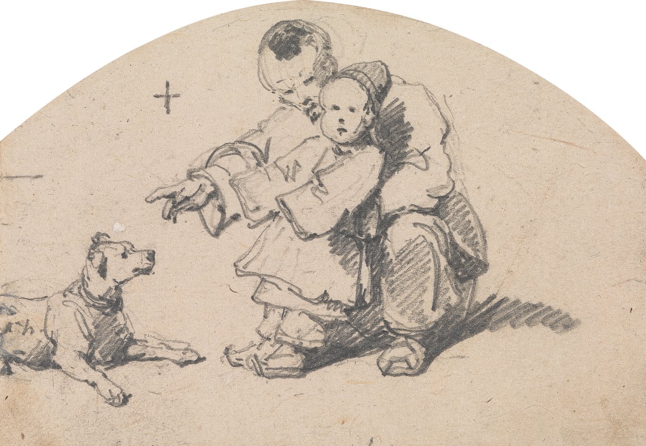 Père chinois et enfant avec chien - George Chinnery