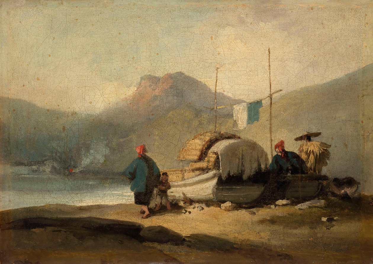 Scène chinoise, bateaux au bord du lac - George Chinnery