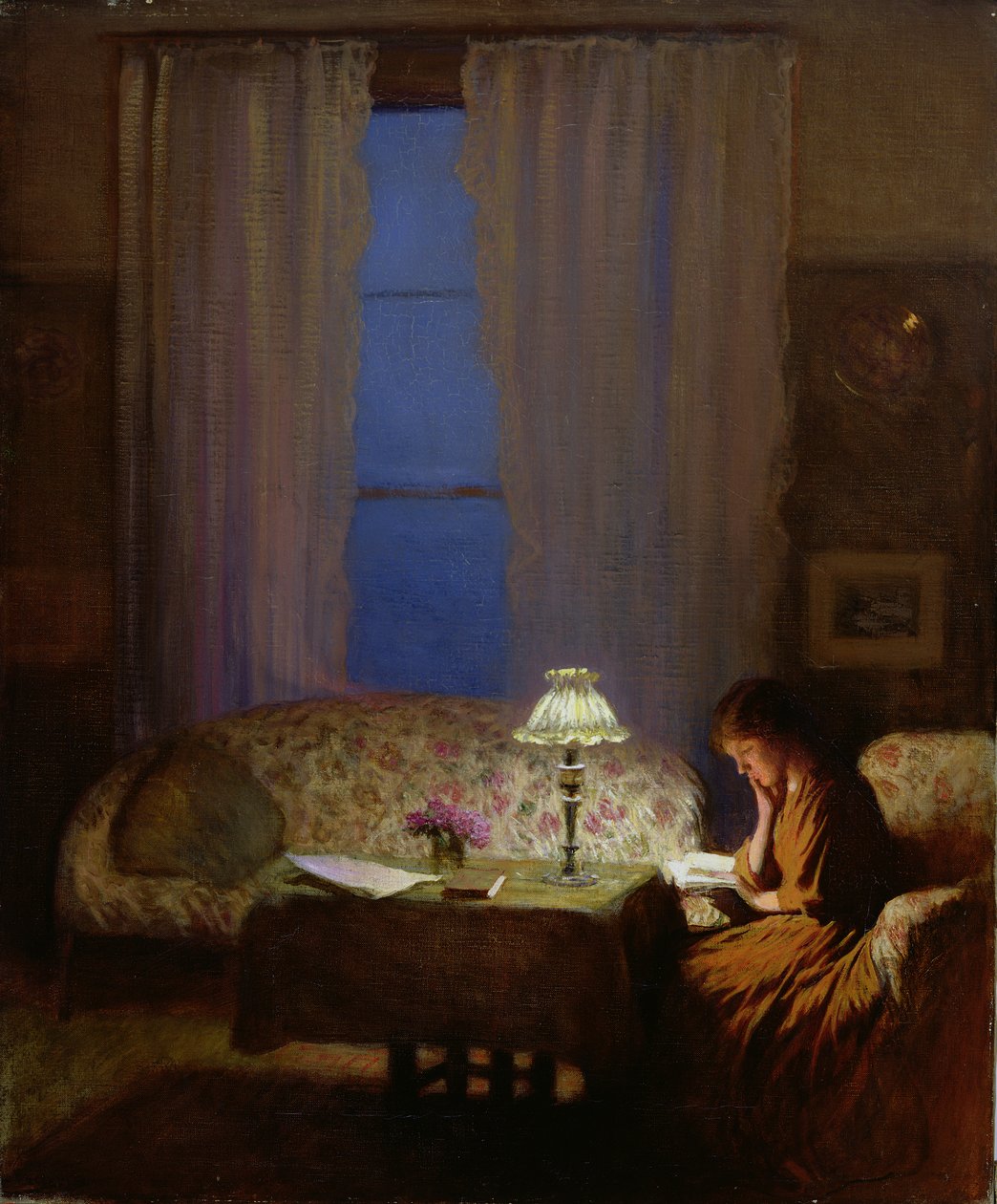 Lecture à la lumière de la lampe (Crépuscule : Intérieur) - George Clausen