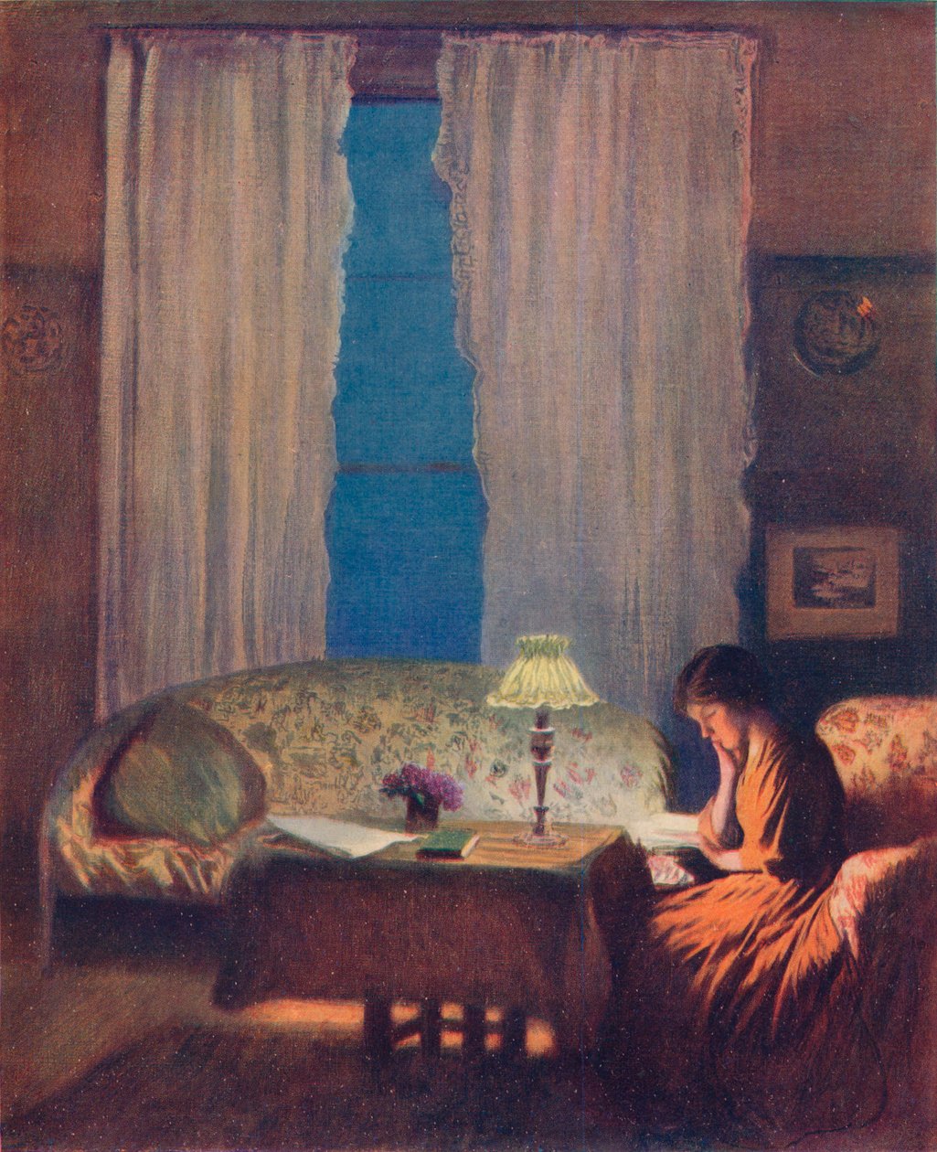 Lecture à la lumière de la lampe : Intérieur, 1909 - George Clausen