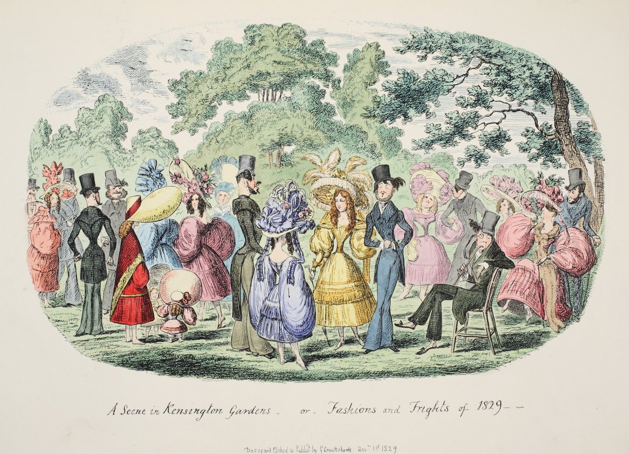 Une scène dans les jardins de Kensington - ou - Modes et frayeurs de 1829, pub. 1829 - George Cruikshank
