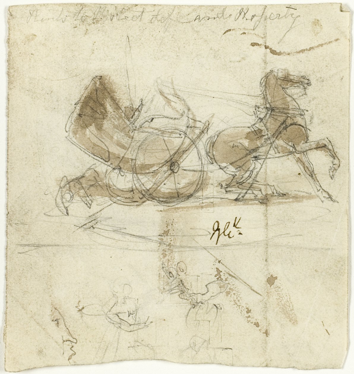 Caricature de soi (recto) ; Cabine lancée par un cheval, avec d