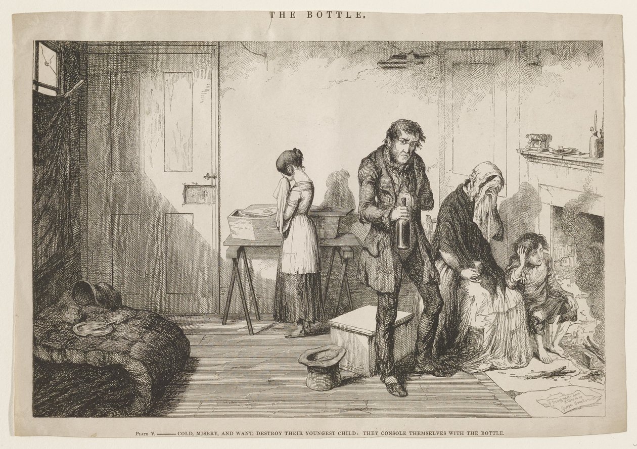 Le froid, la misère et le dénuement détruisent leur plus jeune enfant : ils se consolent avec la bouteille. - George Cruikshank