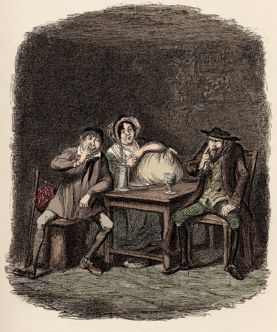 Fagin faisant affaire avec Morris Bolter, alias Noé Claypole, et Charlotte - Le Juif et Morris Bolter commencent à se comprendre - Illustration pour "Oliver Twist" (Les Aventures d