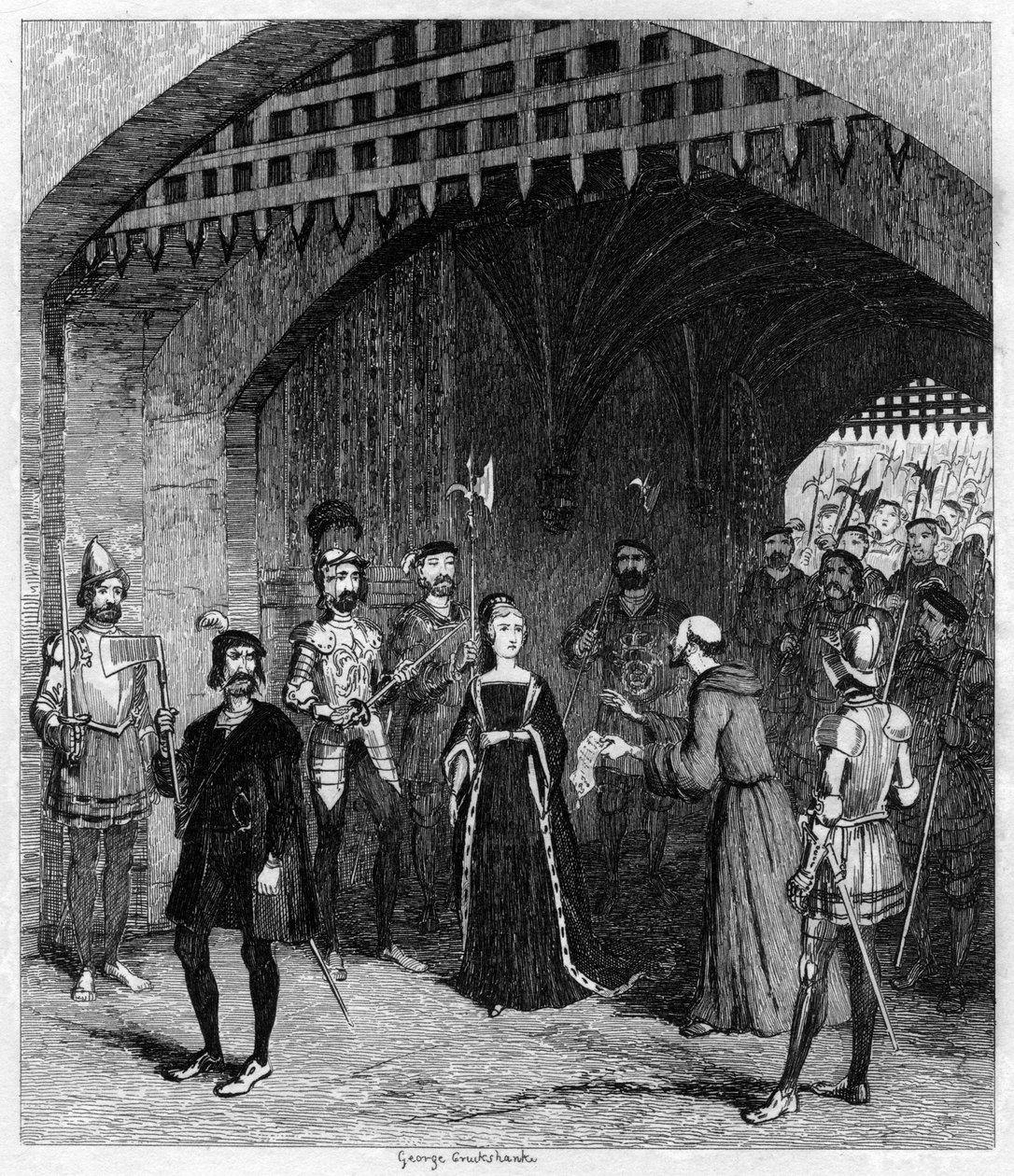 Feckenham offrant à Lady Jane Grey un pardon sur le chemin du procès, 1553 - George Cruikshank